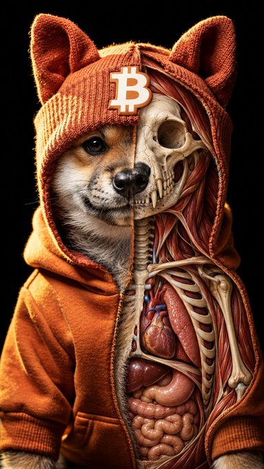 A Shiba Inu dog wears an orange Bitcoin-logo beanie and hoodie, with one side depicted in anatomical cross-section showing skull and organs.