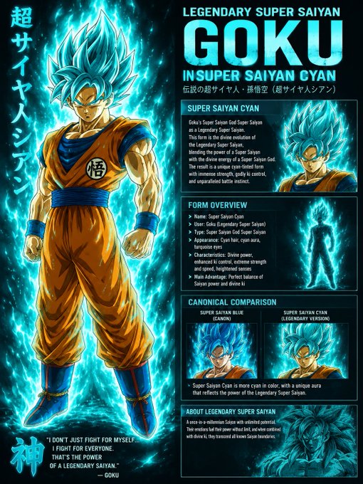 A Dragon Ball Z infographic featuring 'Legendary Super Saiyan Goku in Super Saiyan Cyan,' including form overview details, a canonical comparison to Super Saiyan Blue, and the quote 'I don't just fight for myself. I fight for everyone. That's the power of a legendary saiyan.'