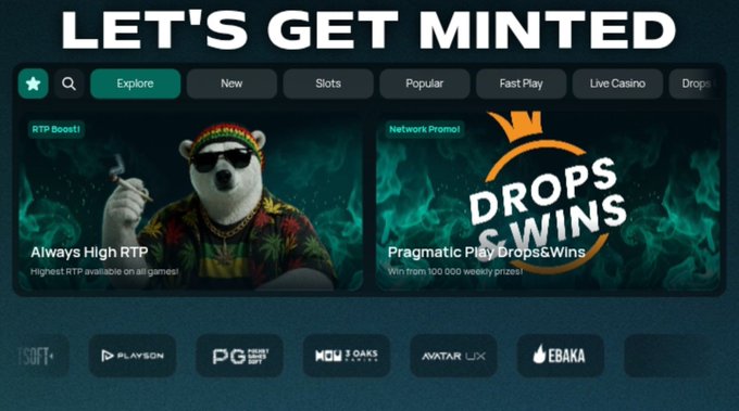 A website banner reads 'LET'S GET MINTED' with a panda mascot and 'DROPS & WINS' promotional content, featuring game providers like Playson, PG Soft, and Pragmatic Play.