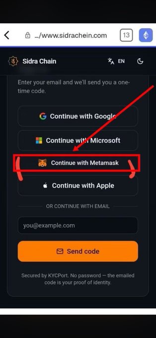 A screenshot of the Sidra Chain login page showing a fraudulent "Continue with Metamask" option highlighted in red. The image warns users that this Metamask login option is a scam designed to steal assets by requesting security phrases.