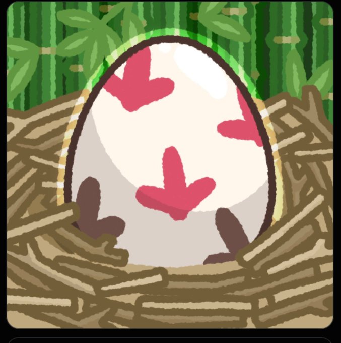An illustration of a white egg with pink heart markings sitting in a nest, set against a background of green bamboo.