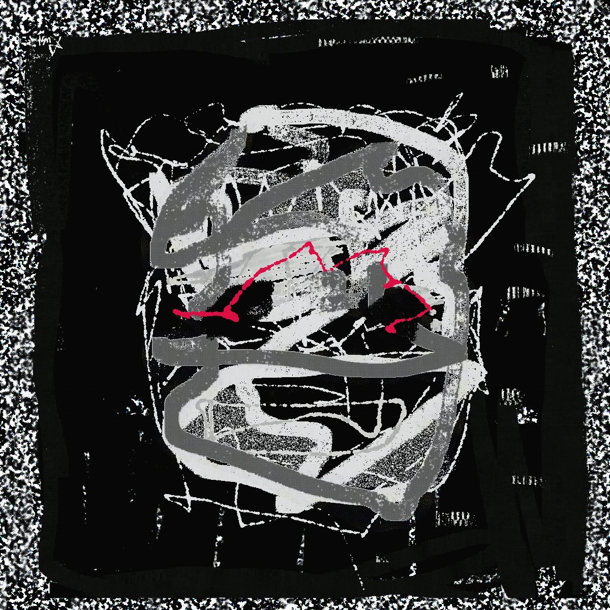 The image features a black and white drawing of a face with red lines, resembling a mummy's head or a skull. The drawing is placed within a frame that has a border made up of small dots. The background of the image is black, which contrasts with the white lines on the drawing. The post in question reads "Interface 008 - 'Mummy'".