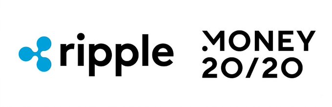 A white banner displaying the blue Ripple logo and the word 'ripple' next to the text 'MONEY 20/20' in bold black lettering.