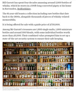 The image shows an extensive collection of whisky bottles in Mr. Garratt's collection in his 100ft whisky store, featuring 1,800 single malts, 1,800 miniature bottles, and around 500 blends worth more than £6,000, with rare bottles from the 1800s valued at a guide price of £750,000. The image relates to the post's comment about NFTs in a SAFE by drawing a parallel to whisky's own form of "secure storage"—highlighting how both physical whisky collections and NFTs can appreciate significantly when properly stored, though the underlying joke likely plays on the cultural divide between traditional value storage (whisky) and digital asset storage (NFTs).