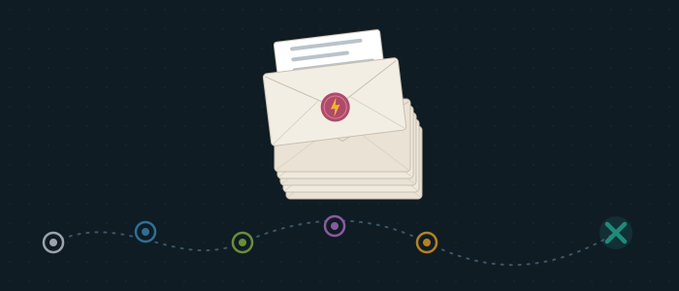 A digital illustration of stacked white envelopes sealed with a red lightning bolt stamp, connected by a dotted line path to a cyan 'X' icon on a dark background.