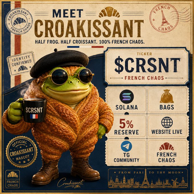 A stylized poster advertises a meme coin called 'CROAKISSANT' with ticker '$CRSNT', featuring a frog wearing a beret and sunglasses holding a coffee mug, alongside 'FRENCH CHAOS' branding and links to Solana, website, and Telegram community.
