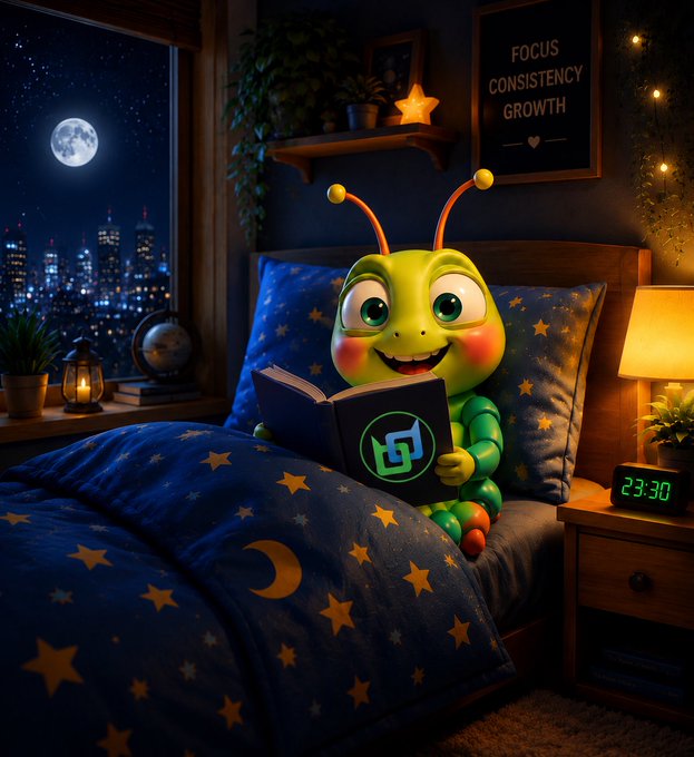 A digital artwork depicts a green caterpillar-like character with antennae reading a book with a logo, sitting in a star-patterned bed at night with a city skyline through the window and a poster reading 'FOCUS CONSISTENCY GROWTH'.