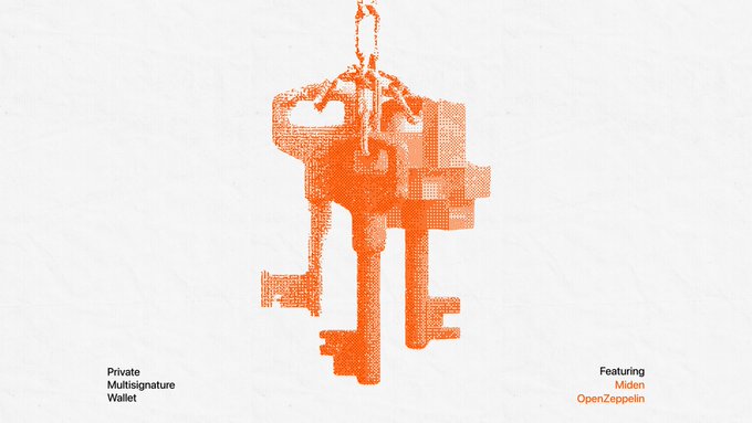 An orange pixelated key illustration on a white background labeled 'Private Multisignature Wallet' and 'Featuring Miden OpenZeppelin'.