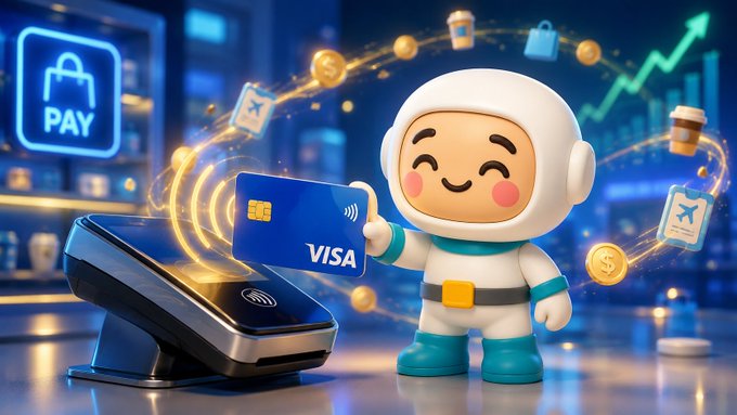 A 3D-rendered illustration features a cute astronaut character holding a blue VISA credit card near a payment terminal, with floating icons representing payments, coffee, and shopping in a neon-lit cityscape.