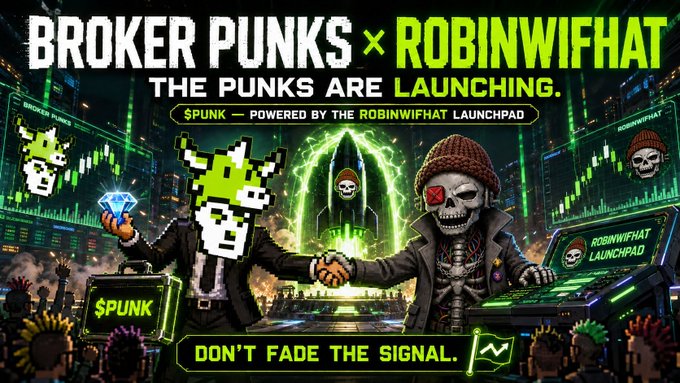 A promotional graphic titled 'BROKER PUNKS × ROBINWIFHAT' announcing 'THE PUNKS ARE LAUNCHING' with '$PUNK — POWERED BY THE ROBINWIFHAT LAUNCHPAD' and the tagline 'DON'T FADE THE SIGNAL.'