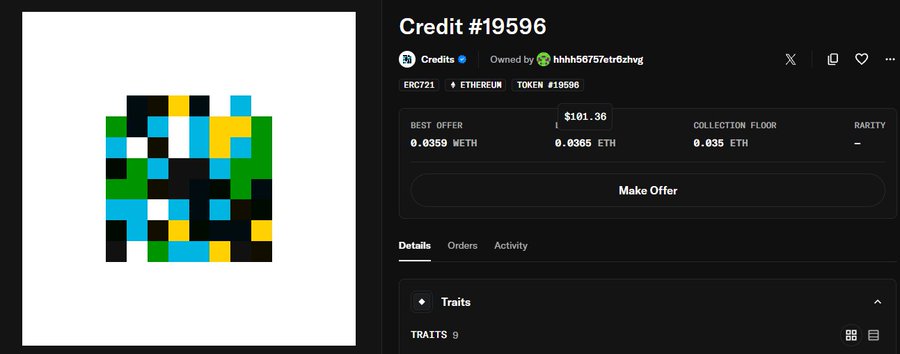 Screenshot of an NFT marketplace listing for 'Credit #19596' on Ethereum, showing a pixel art image with a best offer of 0.0359 WETH and a collection floor of 0.035 ETH.