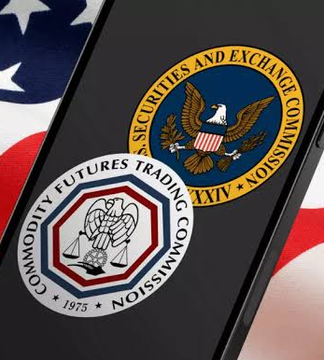 The image shows the official seals of the U.S. Securities and Exchange Commission (SEC) and the Commodity Futures Trading Commission (CFTC) displayed on a smartphone against an American flag background. The visual accompanies news about these two agencies facing a tight deadline to finalize crypto regulatory rules before the 2028 election, given that rulemaking typically takes up to two years.