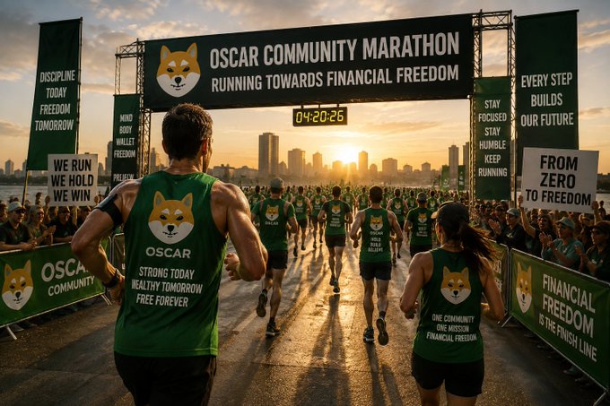 A promotional image for the 'Oscar Community Marathon' with the tagline 'Running Towards Financial Freedom,' showing runners wearing green vests featuring a Shiba Inu mascot, with motivational slogans like 'Discipline Today, Freedom Tomorrow' and 'From Zero to Freedom' on banners.