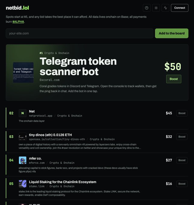 Screenshot of netbid.lol website showing a bidding board for crypto and onchain projects, featuring #1 'Telegram token scanner bot' by 0xcoral.com at $50, followed by listings including Net, tiny dinos, mfer.co, and Stake.link.