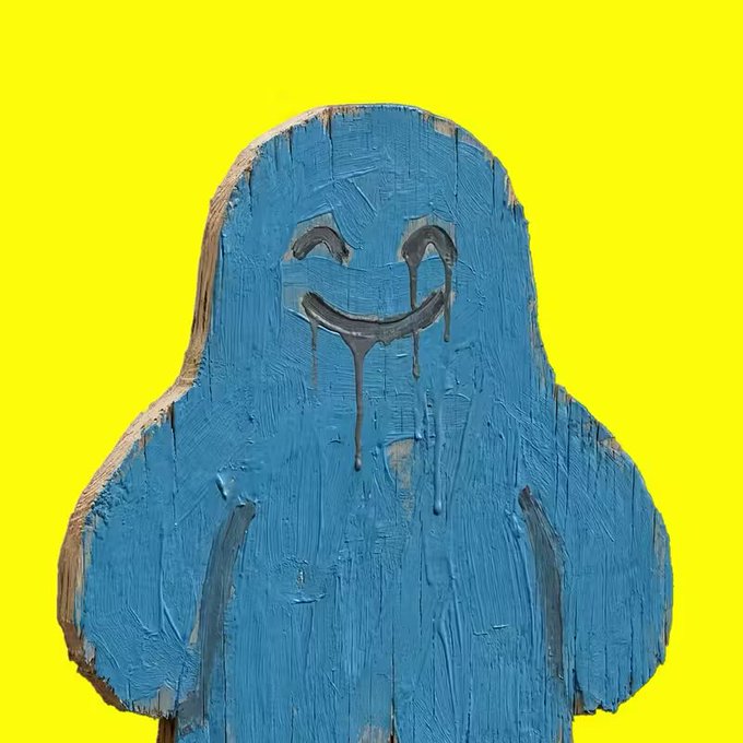 A blue, painted ghost-like figure with a smiling face and dripping paint stands against a bright yellow background, complementing the cheerful "Gm web3 / Thanks god for everything" message with its simple, uplifting tone.