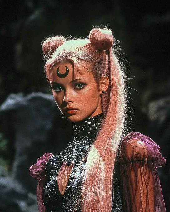 A character with pink hair styled in two buns and a crescent moon symbol on her forehead, wearing a dark, embellished outfit with purple sleeves.