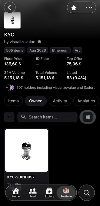 A mobile screenshot of an NFT marketplace showing the KYC collection by visualizalue, with a floor price of 135.60, a 24H volume of 5,151.18 $, and 565 items listed.