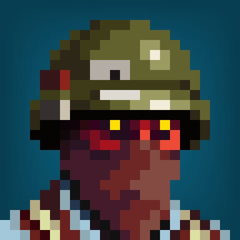 A low-resolution pixel art portrait of a green, turtle-like character with a toothy mouth, wearing a red and brown outfit. The character has glowing yellow eyes set against a dark teal background.