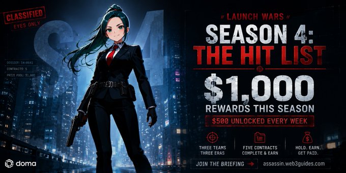 A promotional graphic for 'SEASON 4: THE HIT LIST' offering '$1,000 REWARDS THIS SEASON' with '$500 UNLOCKED EVERY WEEK', featuring an anime-style female character holding a gun in a black suit.
