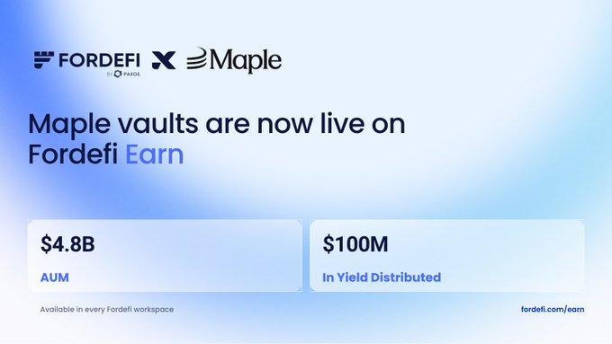 An announcement graphic from FORDEFI (Powered by Pados) and Maple stating 'Maple vaults are now live on Fordefi Earn' with metrics showing $4.8B AUM and $100M In Yield Distributed, available at fordefi.com/earn.