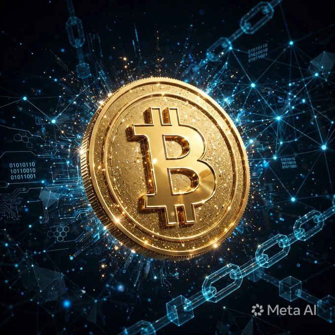 A digital illustration of a shiny gold Bitcoin coin surrounded by glowing blue blockchain chains and binary code, with a 'Meta AI' watermark in the corner.