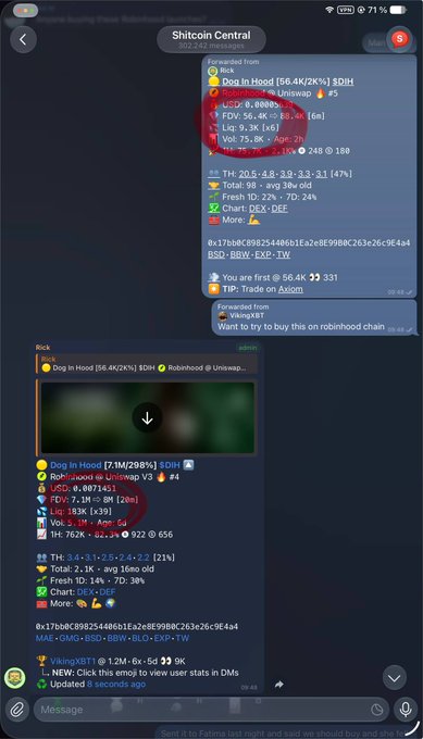 A Telegram chat in "Shitcoin Central" shows a forwarded message from VikingXBT advertising a dog-in-hood meme coin ("Dog In Hood" with ticker $DIH) on Robinhood chain, advising users on bridging from Solana to Base via deBridge to trade the token—directly illustrating the post's instructions about bridging to Robinhood Chain and trading via Sigma.
