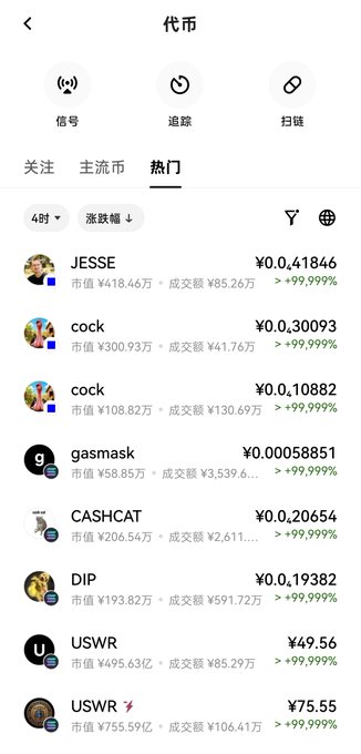 A Chinese cryptocurrency app showing trending meme tokens including JESSE, cock, gasmask, CASHCAT, DIP, and USWR with prices and percentage gains displayed.