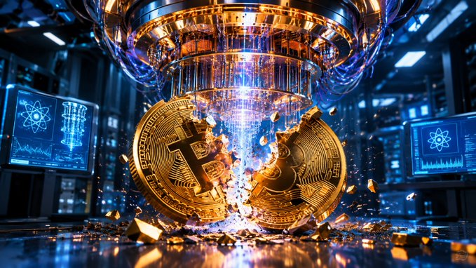 A digital illustration depicts a golden Bitcoin shattering beneath a glowing apparatus in a high-tech laboratory setting.