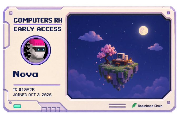 A pixel art ID card for "Computers RH" Early Access displays user "Nova" (ID #19625, joined Oct 3, 2026) alongside a floating island scene with a cherry blossom tree and computer setup, featuring the Robinhood Chain logo—promoting the free mint of 3,333 NFT spots via the link computersrh.xyz/ref=0x0nova.