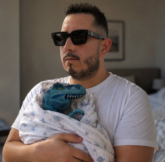 A man wearing sunglasses holds a swaddled blue dinosaur plush toy, standing indoors in a softly lit room.
