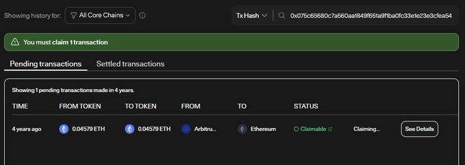 A blockchain transaction history page displays a pending transaction from 4 years ago, showing 0.04579 ETH being transferred from Arbitrum and claimable on Ethereum, with a warning that the user must claim the transaction via the Arbitrum bridge using the provided Tx Hash (0xc075c65680c7a560aa1849f51a9f1ba0fc33e1e23e3c1ea54).

The image illustrates the final step of the process described in the post, where a user discovers a long-forgotten 120U worth of 0.04579 ETH stuck on the Arbitrum bridge for 4 years, now showing as "Claimable" and ready to be retrieved via the Tx Hash on the Arbitrum bridge interface.