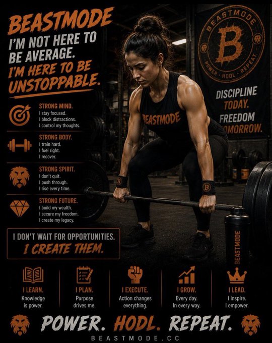 The image shows a woman lifting weights at a gym, with the words "Beast Mode" displayed above her. The caption suggests that this is an update about the week's activities or achievements. In total, there are two winners as of now - one for holding at least $2 in the "Power Hour", and another for being active on the platform called "#sol". The main focus appears to be on building a community around the idea of fitness and encouraging users to participate in various activities such as raids or growth.