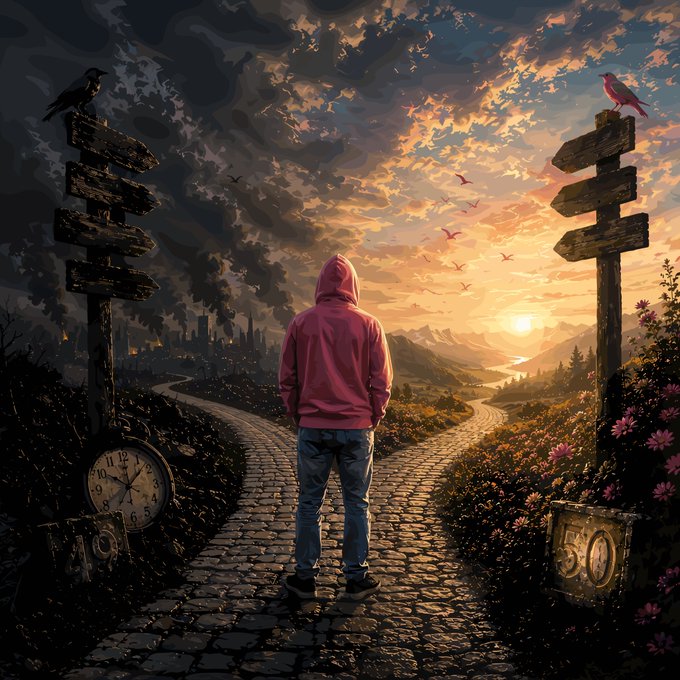 A hooded figure in a pink hoodie stands at a fork in a cobblestone path, facing a dramatic split between a dark, smoky cityscape on one side and a radiant sunset over mountains on the other, with weathered signposts pointing in opposite directions and old clocks marking time. The image visually represents the artist's milestone 50th birthday, symbolizing a pivotal crossroads between past struggles and future possibilities as he begins a new artistic chapter.