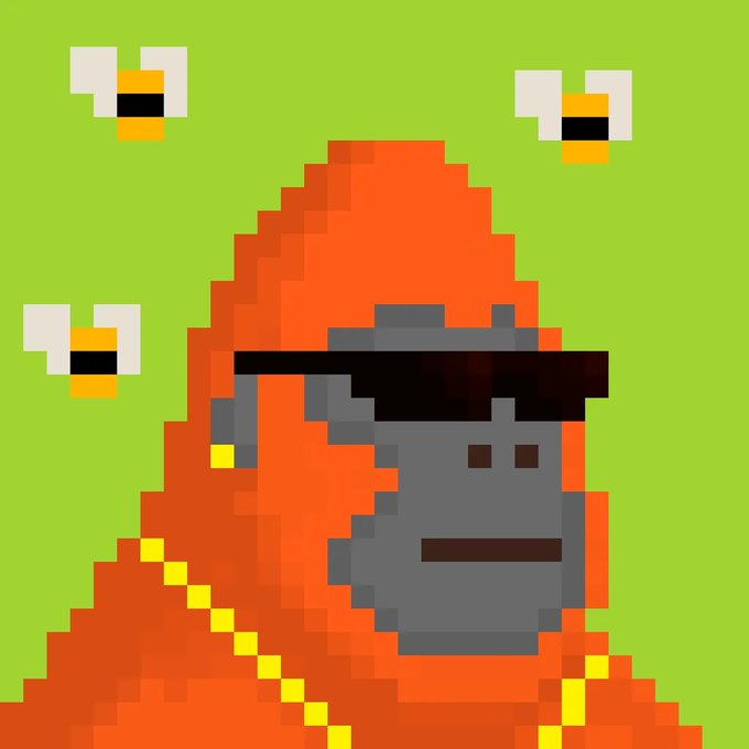 A pixel art scene featuring a gray gorilla wearing sunglasses, dressed in a red hooded robe with a yellow strap, surrounded by three flying bees against a green background.