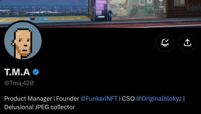 A Twitter/X profile for T.M.A (@Tma420), who describes himself as a "Product Manager | Founder @FunkariNFT | CSO @Originalblokyz | Delusional JPEG collector," suggesting the post is endorsing him as a respected role model in the NFT space.