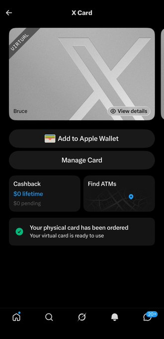 A mobile app screen displaying an X Card interface with the name 'Bruce', a 'VIRTUAL' card image featuring an X logo, options to 'Add to Apple Wallet' and 'Manage Card', $0 lifetime cashback, and a confirmation that the physical card has been ordered while the virtual card is ready to use.