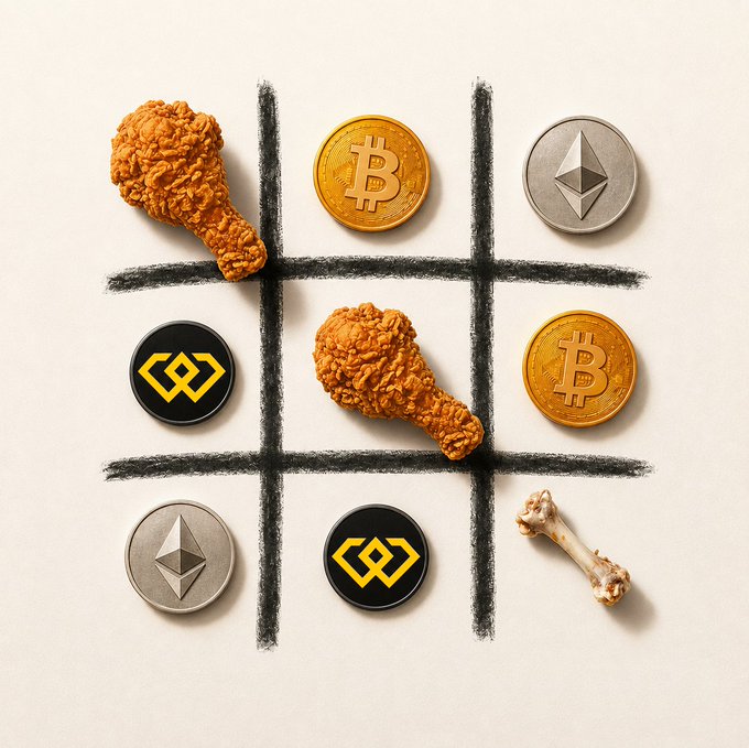 A tic-tac-toe grid drawn in black marks on a cream background uses fried chicken drumsticks, a bare bone, and cryptocurrency coins (Bitcoin, Ethereum, Binance) as game pieces.