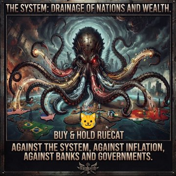A dark, illustrative artwork depicts a tentacled, kraken-like figure looming over Earth, symbolizing a corrupt financial system, with the headline "THE SYSTEM: DRAINAGE OF NATIONS AND WEALTH" and bottom text reading "BUY & HOLD RUECAT AGAINST THE SYSTEM, AGAINST INFLATION, AGAINST BANKS AND GOVERNMENTS." The menacing imagery reinforces the post's rebellious call to buy and hold $RUECAT as a defense against inflation and institutional financial control.