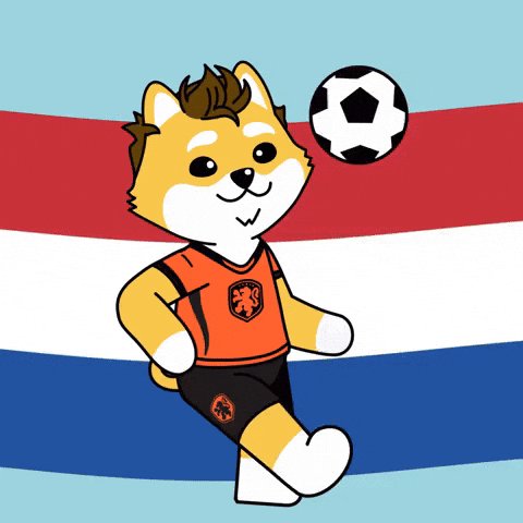 urnation of a cartoon character, dressed as a soccer player, kicks a black and white soccer ball against a blue and red striped background.