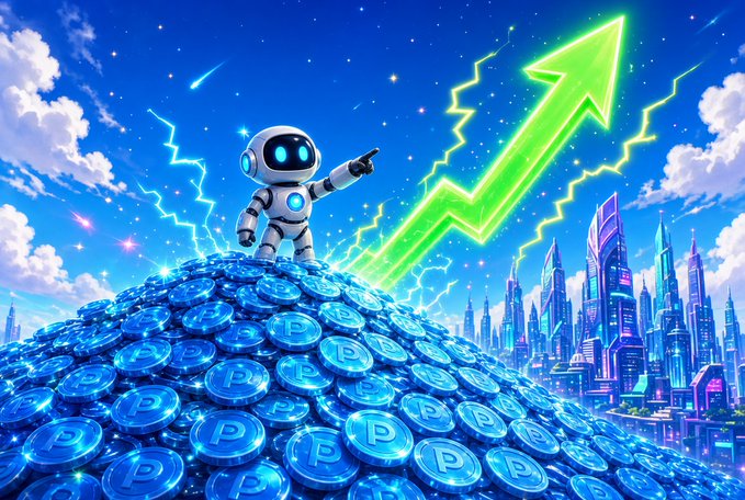 A digital illustration of a white robot standing on a massive pile of blue 'P' coins, pointing toward a bright green upward-trending arrow against a futuristic cityscape and blue starry sky.