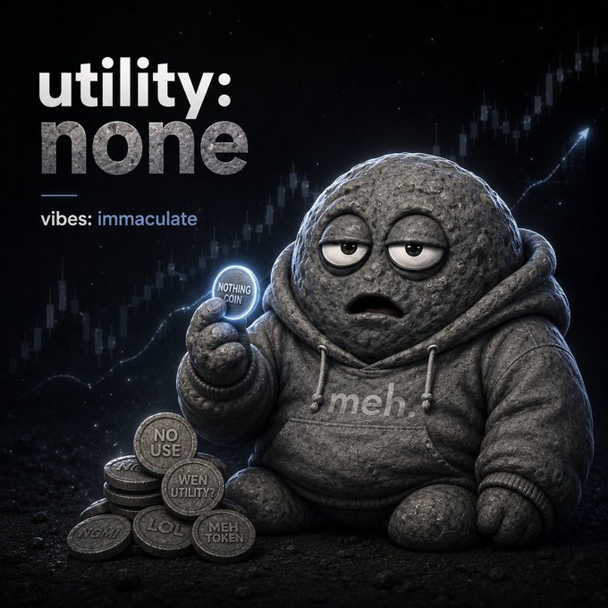A 3D rendering of a stone-textured character holding a "NOTHING COIN" with the text "utility: none, vibes: immaculate" alongside coins labeled "NO USE" and "MEH TOKEN" against a dark candlestick chart.