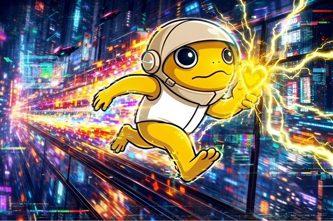 A cartoon character with a helmet sprints through a vibrant, futuristic city, radiating yellow energy from a glowing heart it holds. This image visually represents the unstoppable energy and pure heart mentioned in the post's tagline about $TURBO.