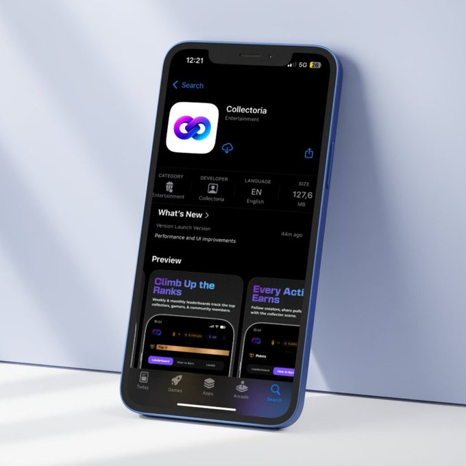 A blue smartphone displaying the App Store page for an app called 'Collectorìa' by Collectoria in the Entertainment category, showing preview images for 'Climb Up the Ranks' and 'Every Acti[on] Earns'.