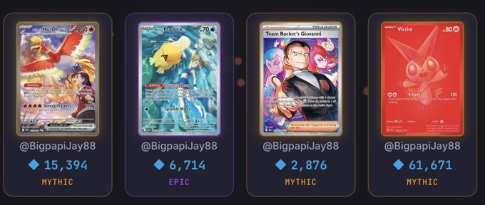 Four Pokémon trading cards are displayed, each belonging to user @BigpapiJay88 with prices in diamonds: Ho-Oh (15,394, Mythic), Lapras (6,714, Epic), Giovanni (2,876, Mythic), and Victini (61,671, Mythic).