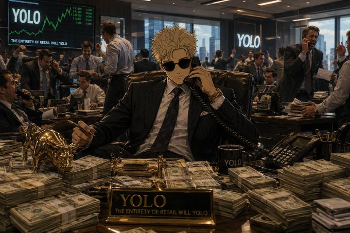An anime-style illustration showing a blonde man in a pinstripe suit and sunglasses talking on a phone, seated behind a desk covered in stacks of cash, with 'YOLO' branding and 'THE ENTIRETY OF RETAIL WILL YOLO' text visible.