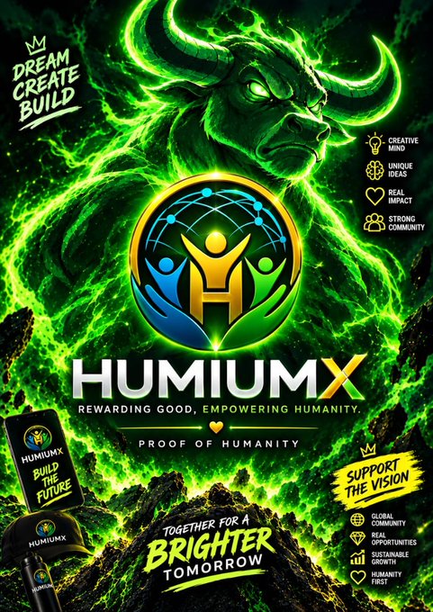 A vibrant green promotional poster for 'HUMIUMX' features a glowing bull, the tagline 'REWARDING GOOD, EMPOWERING HUMANITY. PROOF OF HUMANITY', and lists features like 'CREATIVE MIND', 'UNIQUE IDEAS', 'REAL IMPACT', and 'STRONG COMMUNITY'.