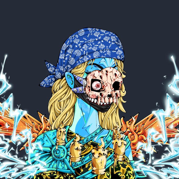 An illustrated character with a skull mask, blue bandana, and glowing blue and orange energy effects stands against a dark background.