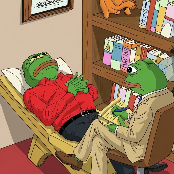 A cartoon depicts a buff Pepe the Frog in a red shirt reclining on a therapist's couch while another Pepe in a suit takes notes, with books labeled 'BRAIN' and 'MOMS' on the shelf behind them.