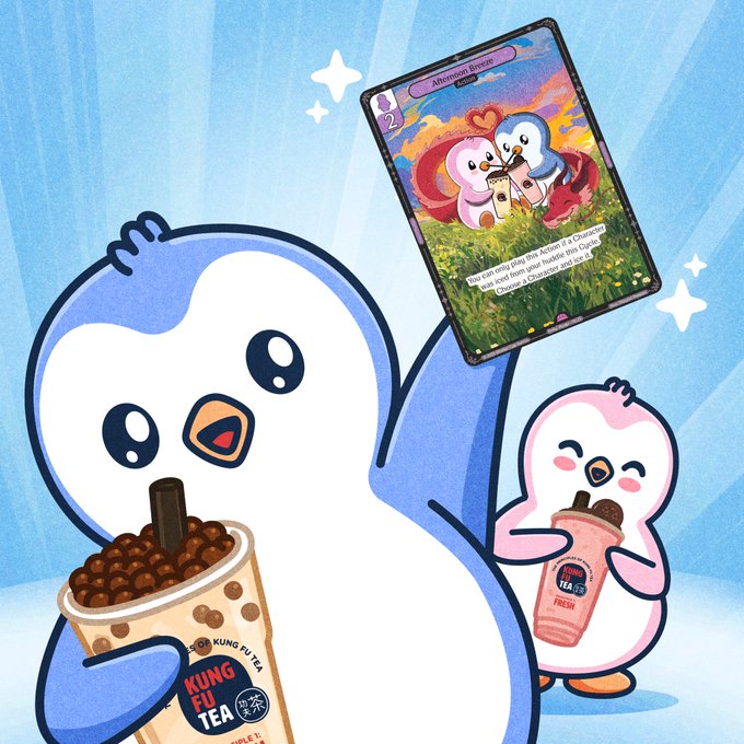 Cartoon penguin mascots for Kung Fu Tea holding bubble tea cups, with one holding up a trading card reading 'Affection Bloom' and describing the card's function.