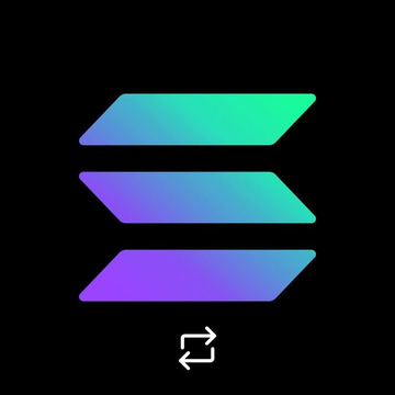 The Solana logo appears as a teal and purple gradient triple-stack design on a black background, with a swap/exchange icon below it.